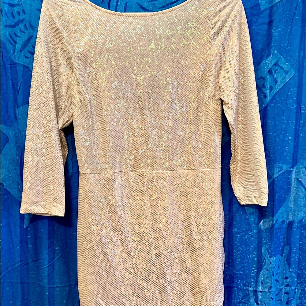 Foreign Exchange Gold Sheath Dress Bateau Neck 3/4 Sleeve